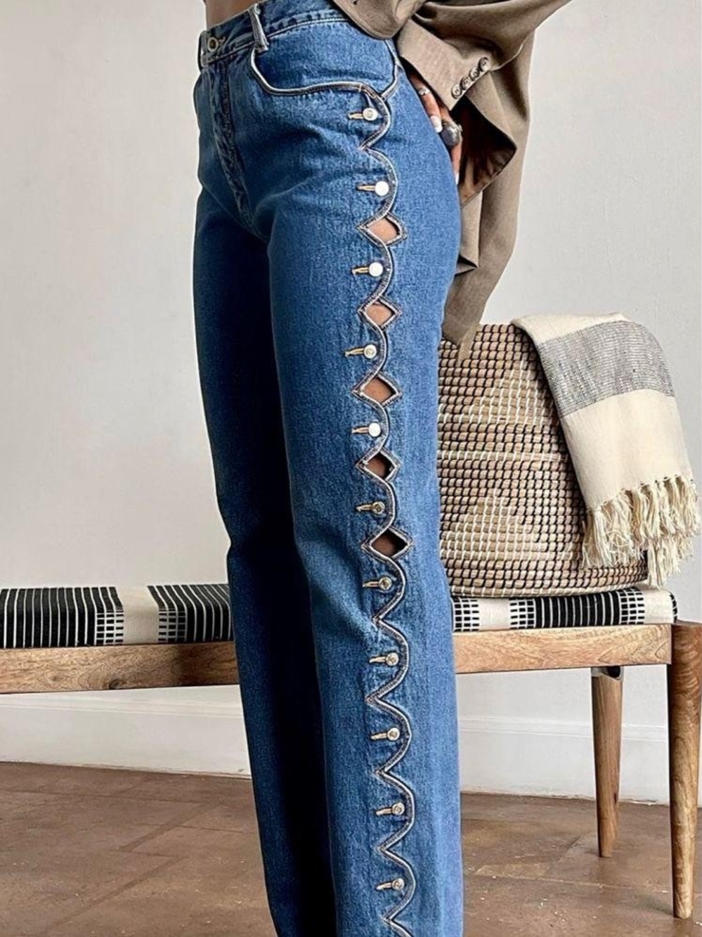 Vintage Blue Straight-Leg Jeans with Scalloped Side Cutouts
